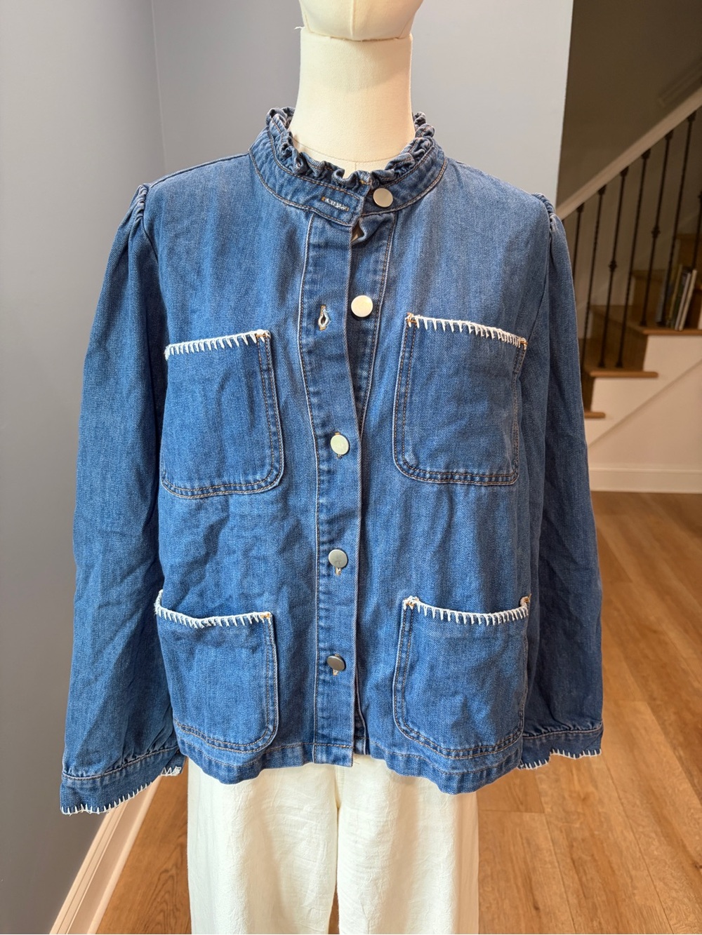 Miou Muse Denim Ruffle Collar Chore Jacket Whipstitch Size S